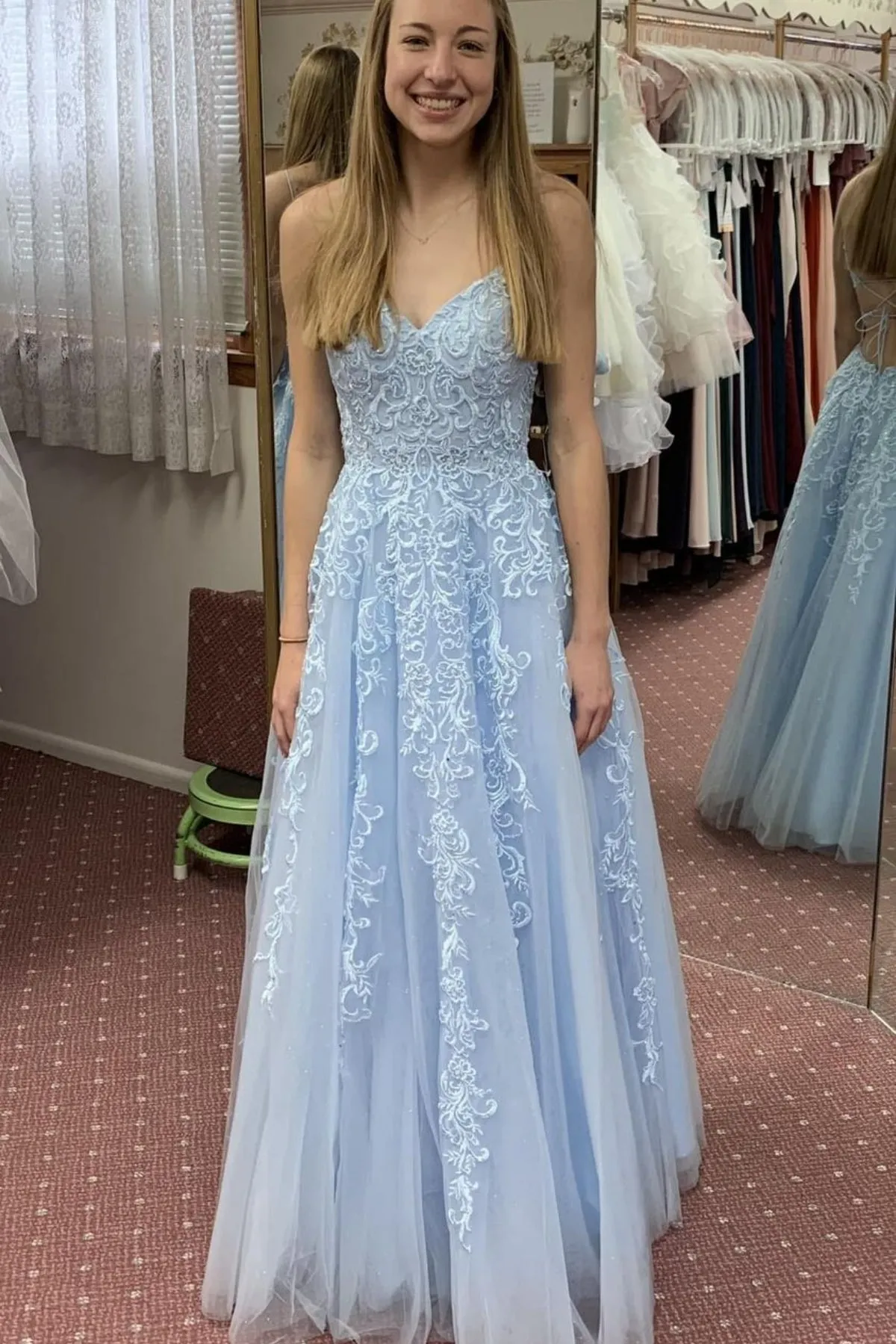 A Line V Neck Backless Light Blue Lace Long Prom Dresses, Light Blue Lace Formal Dresses, Light Blue Evening Dresses SP2935