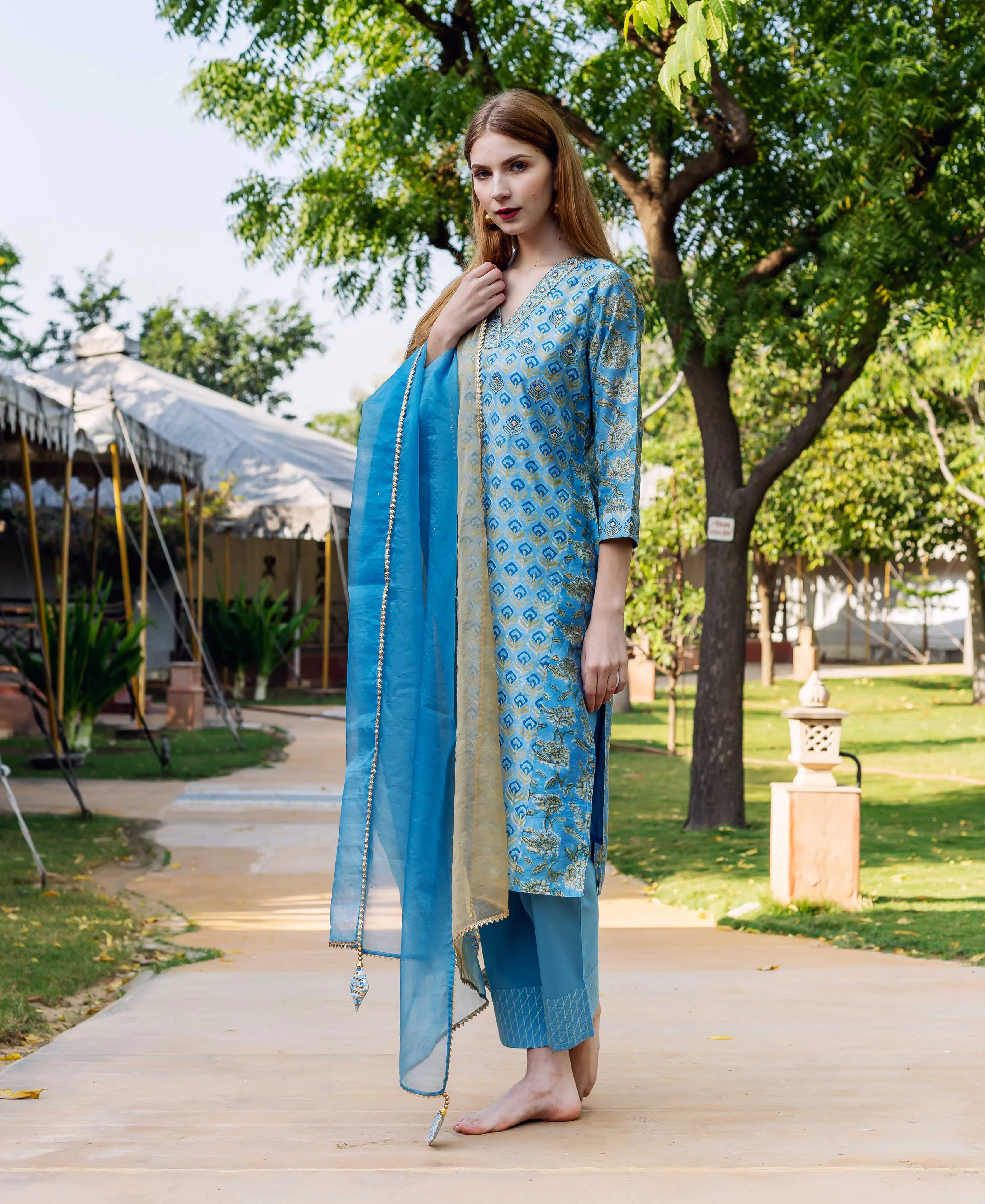 Allora Blue Chanderi Straight Kurta