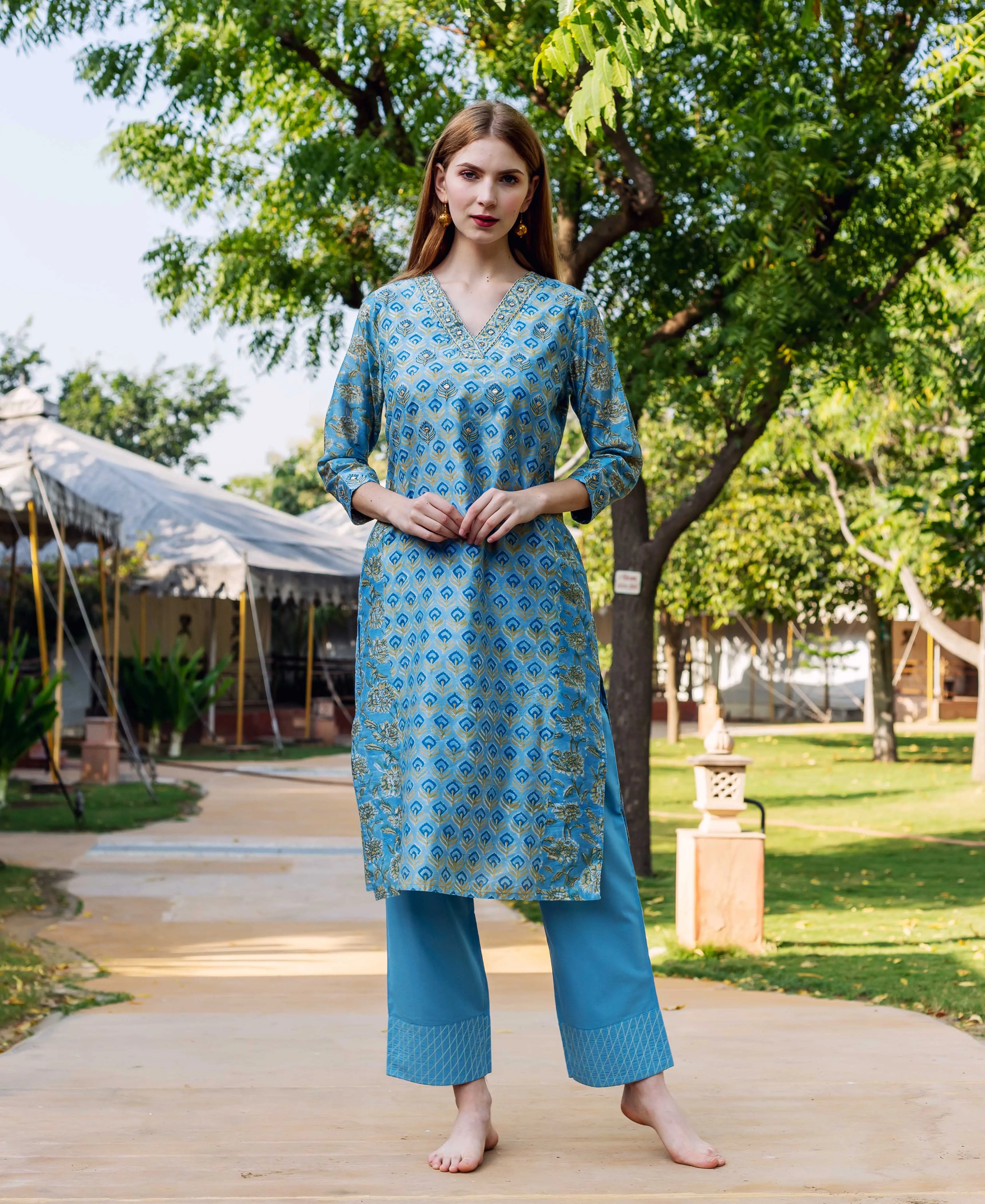 Allora Blue Chanderi Straight Kurta