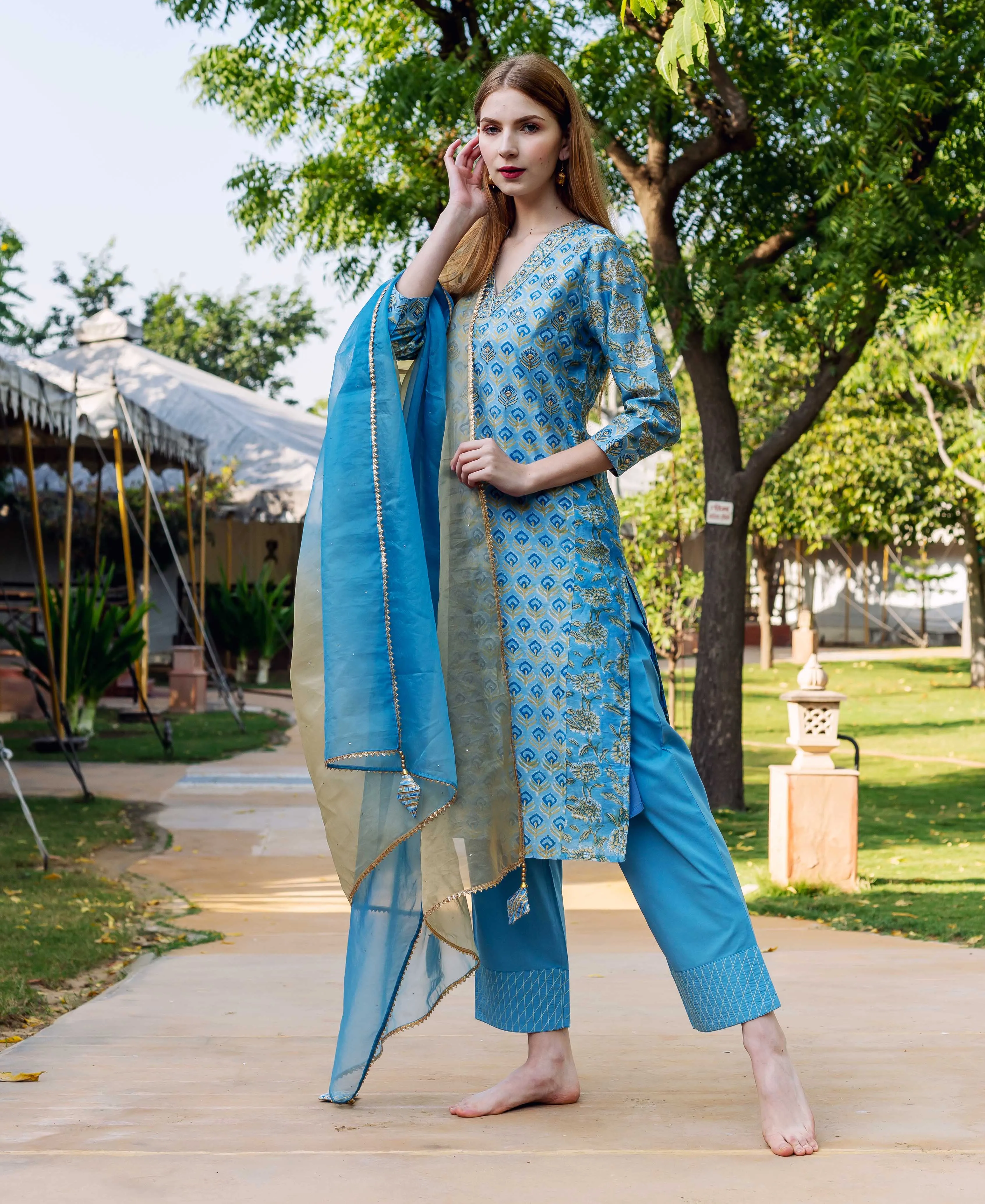 Allora Blue Chanderi Straight Kurta