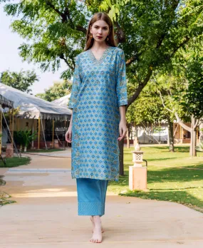 Allora Blue Chanderi Straight Kurta