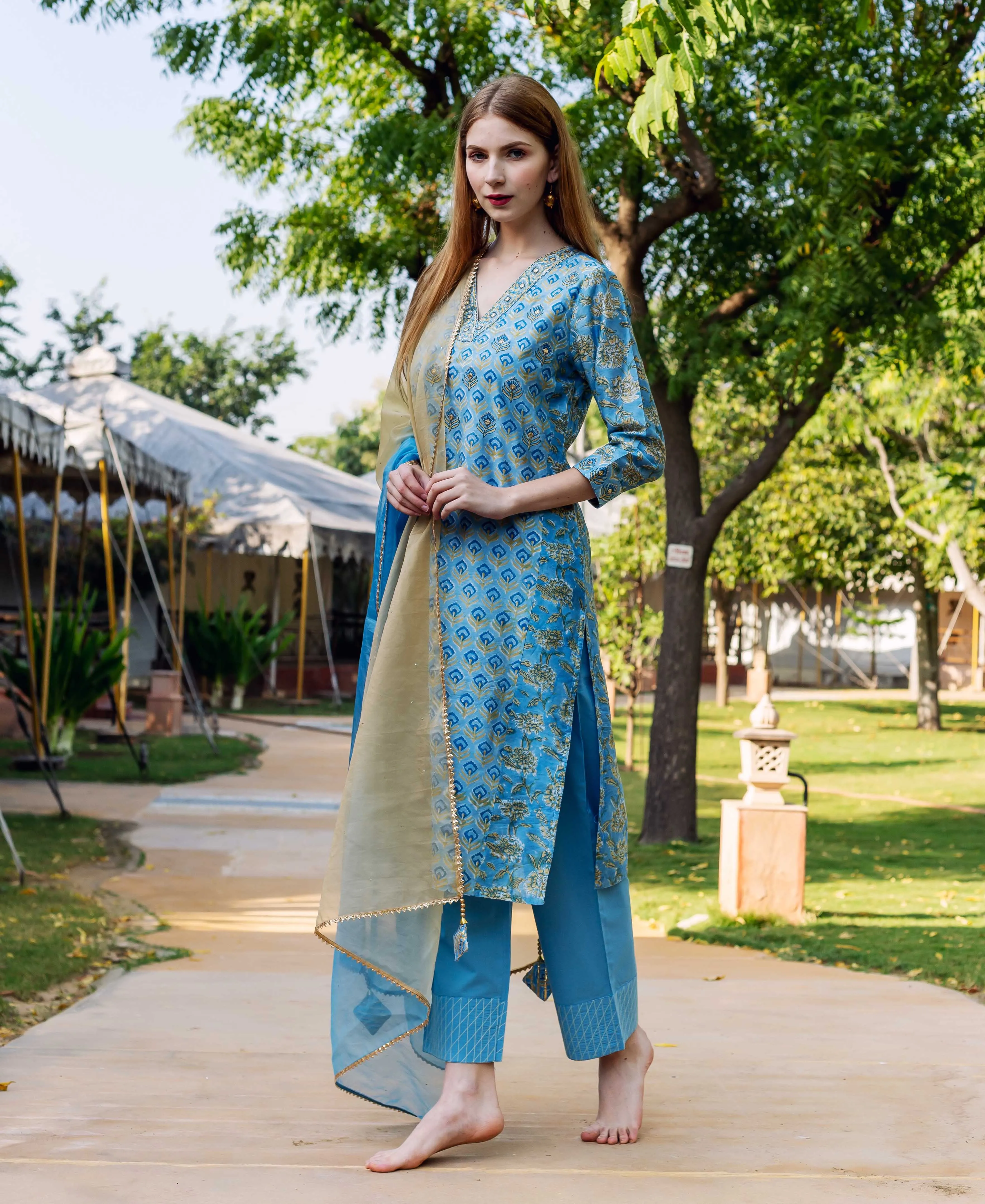 Allora Blue Chanderi Straight Kurta