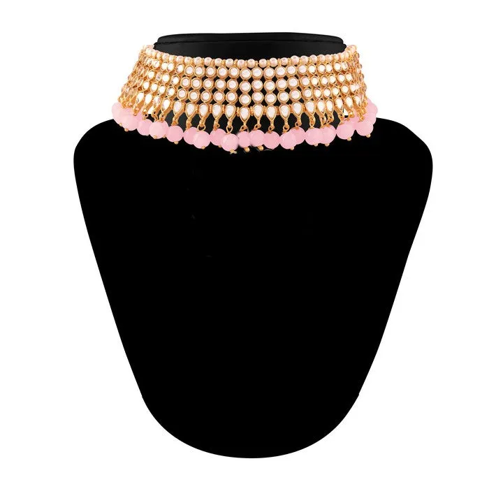 Alloy Necklace with Earrings and Maang Tikka in Pink