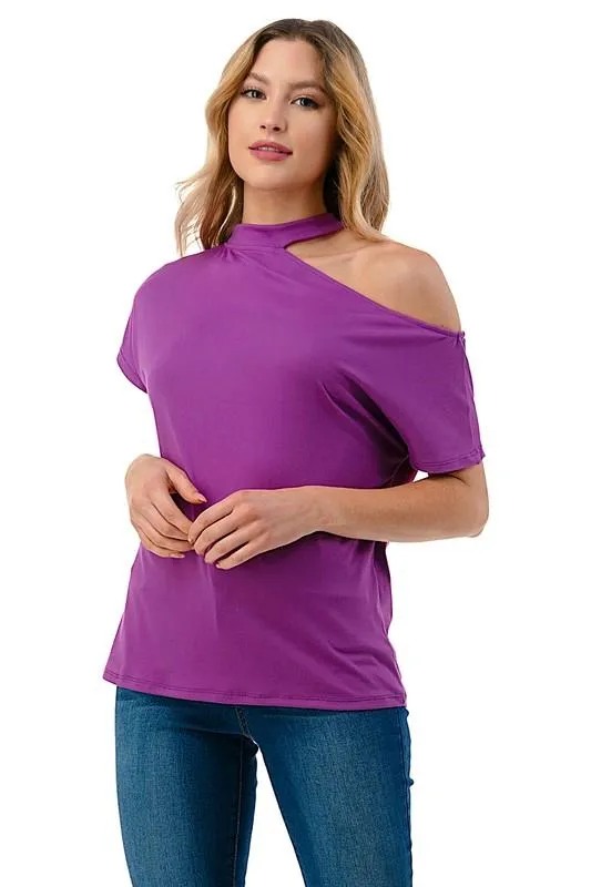 Ariella - Mock Neck Cutout Detailed Short Sleeve Top