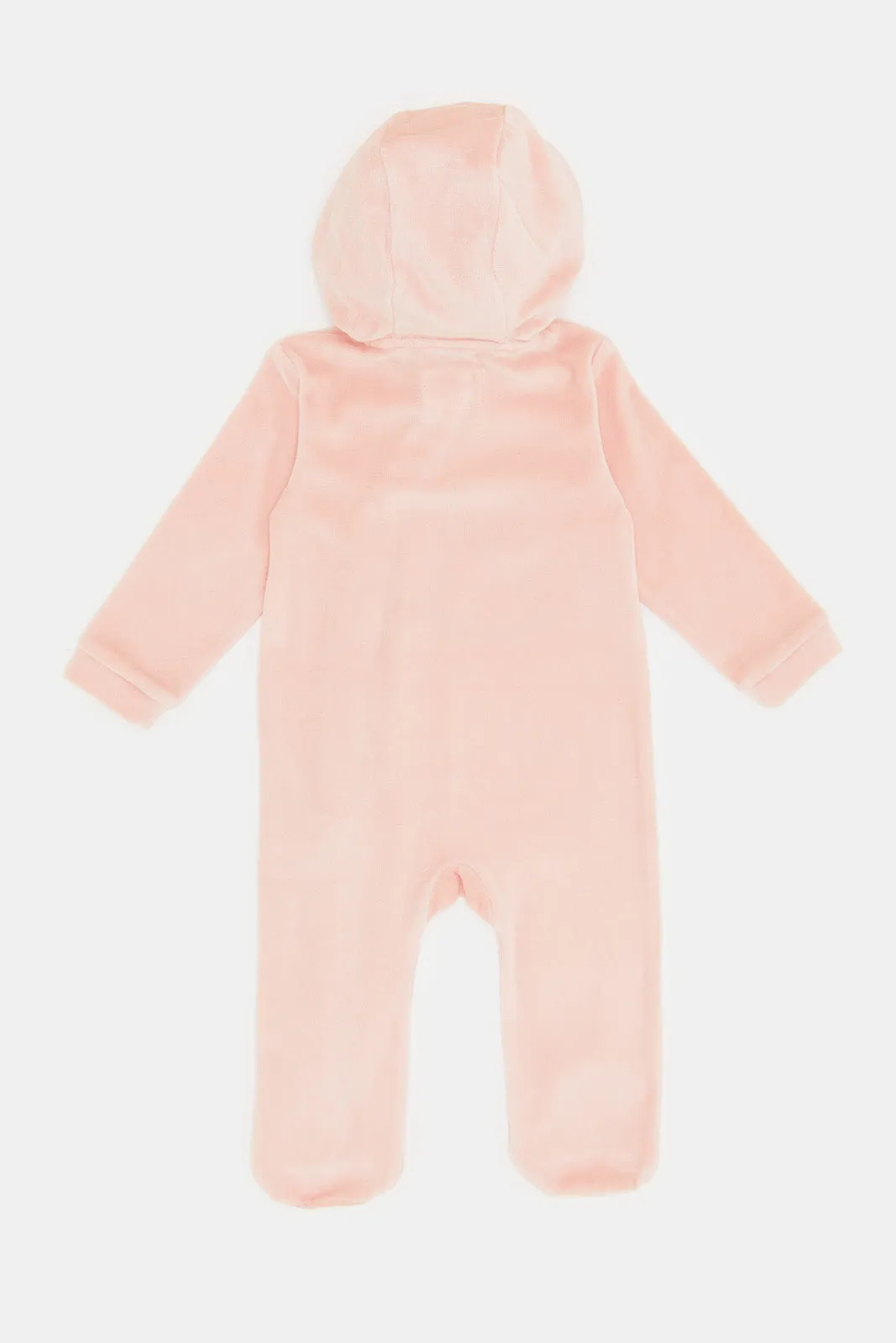 Babies Pink Embroidered Velour Hooded Sleepsuit