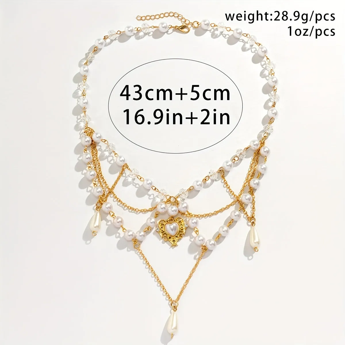 Baroque Vintage Multilayer Tassel Crystal Love Heart Pearl Necklace LJ3