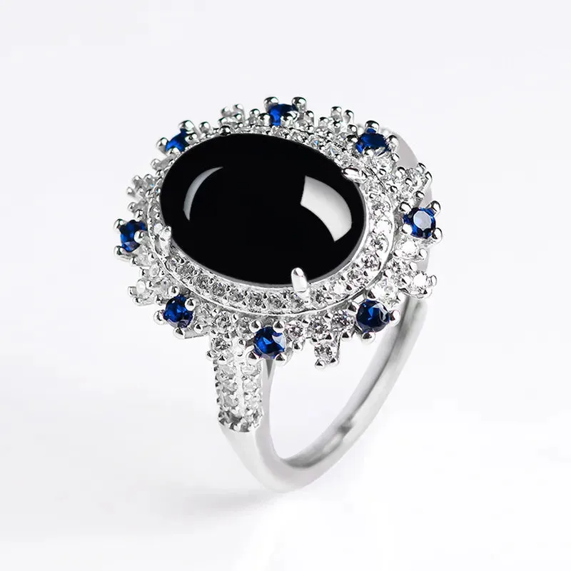 Black Jade Inlaid with Sapphire 925 Sterling Silver Resizable Ring