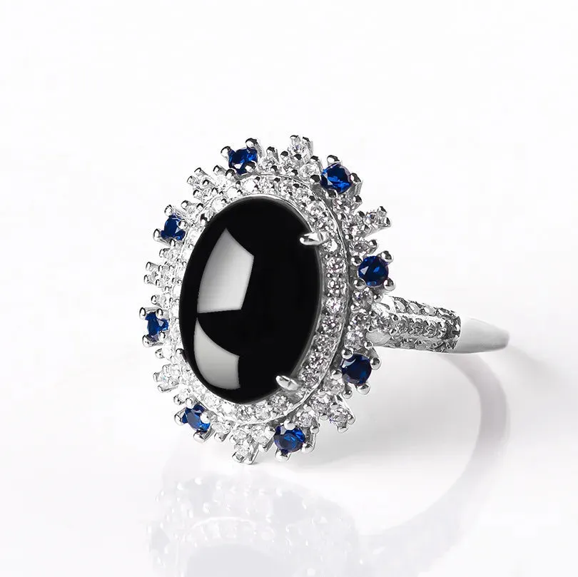 Black Jade Inlaid with Sapphire 925 Sterling Silver Resizable Ring