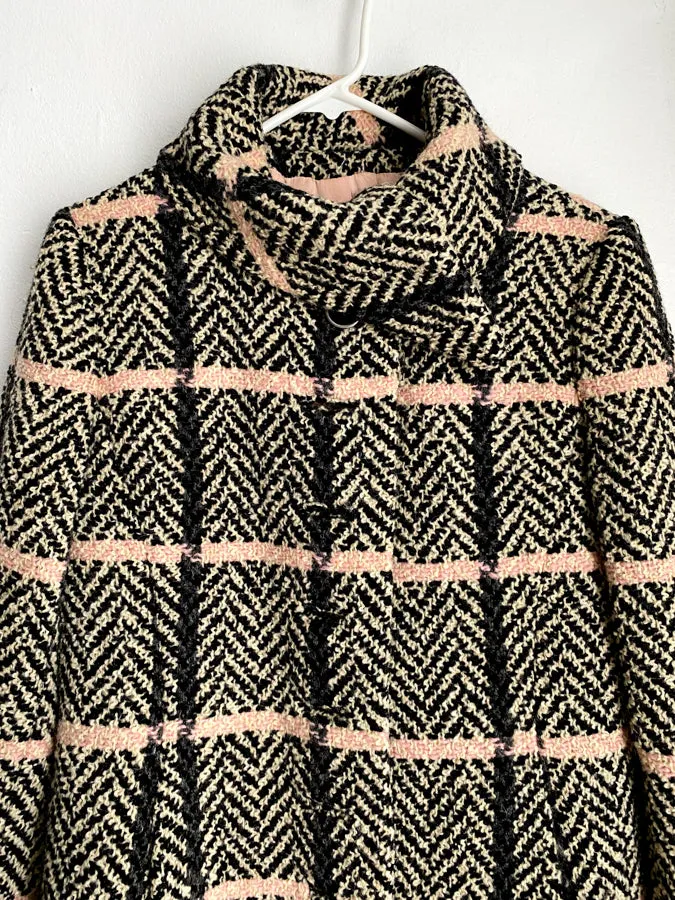 Black Pink Tweed Plaid Fringe Trapeze Coat