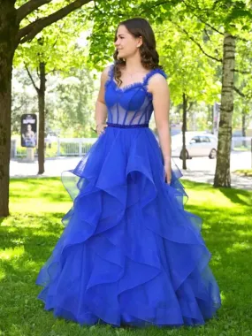 Blue  A line tulle long prom dress blue long formal evening dress