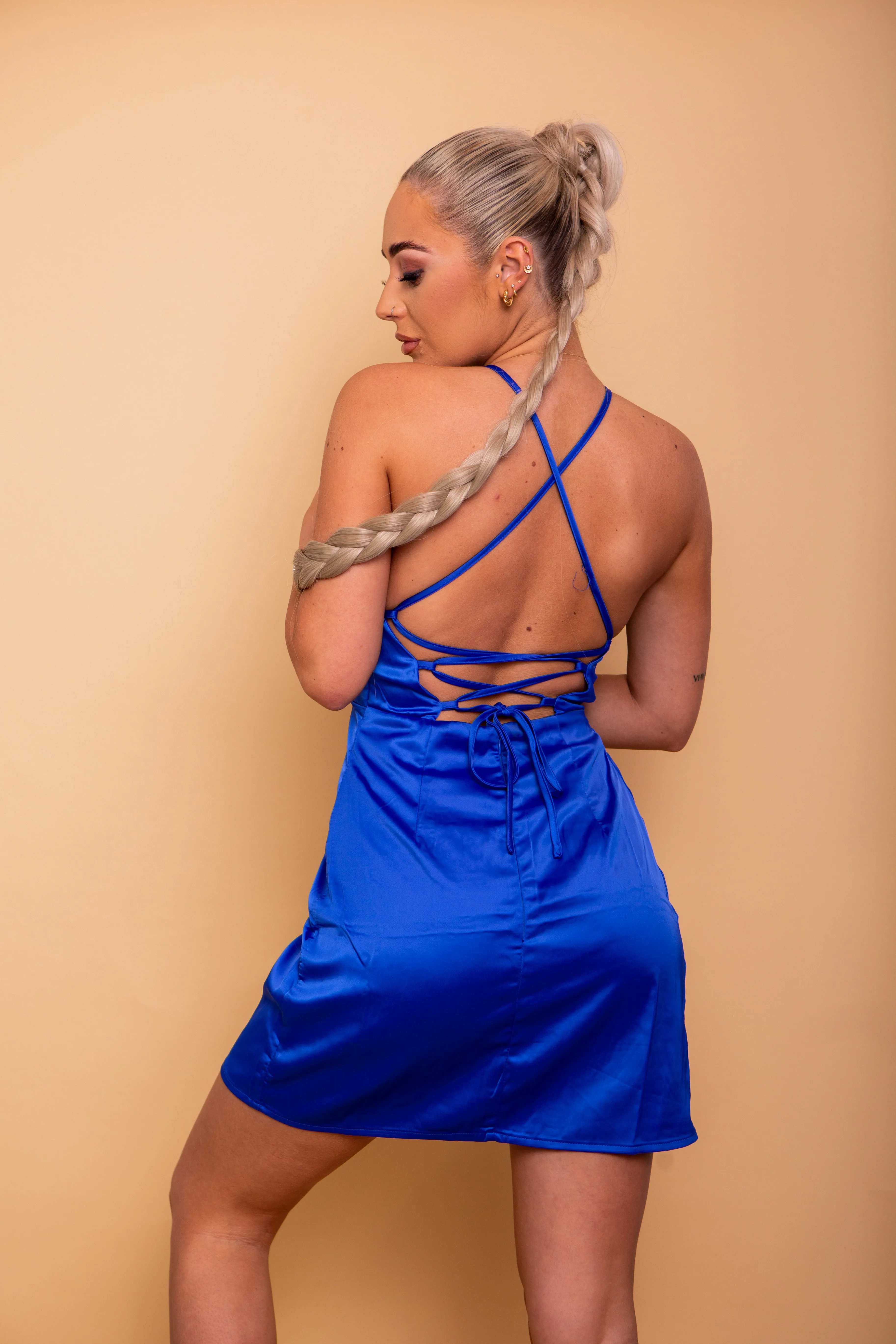 Blue Satin Backless Dress