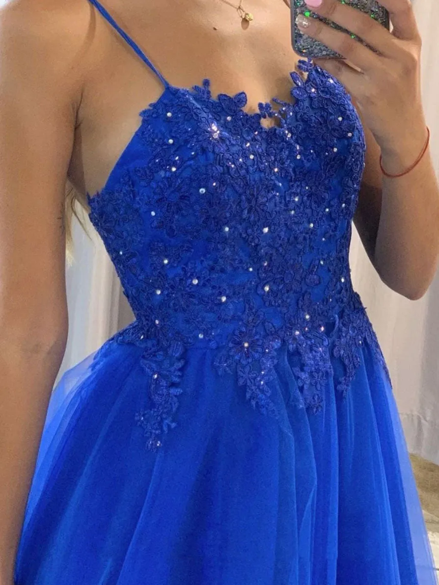 Blue tulle lace long prom dress, blue tulle lace evening dress