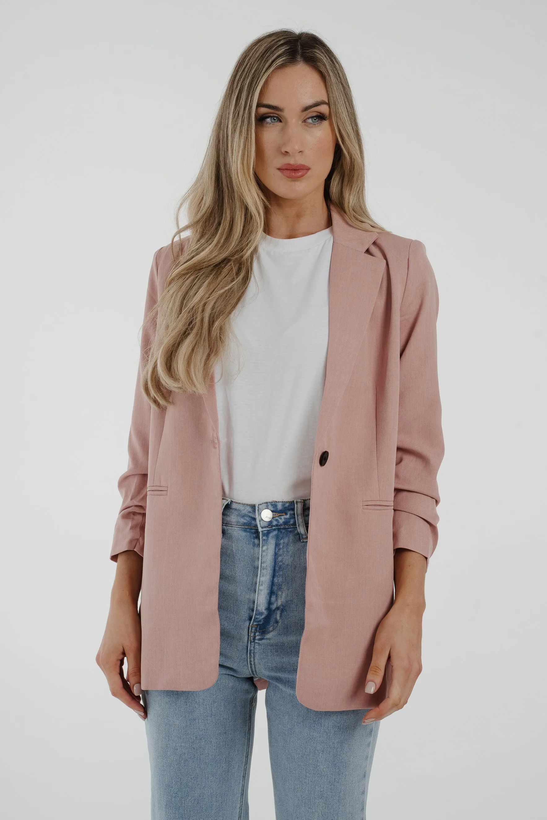 Caitlyn Ruched Sleeve One Button Blazer In Pink