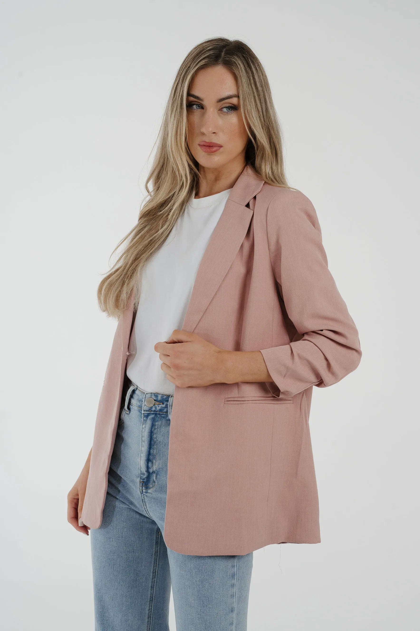 Caitlyn Ruched Sleeve One Button Blazer In Pink