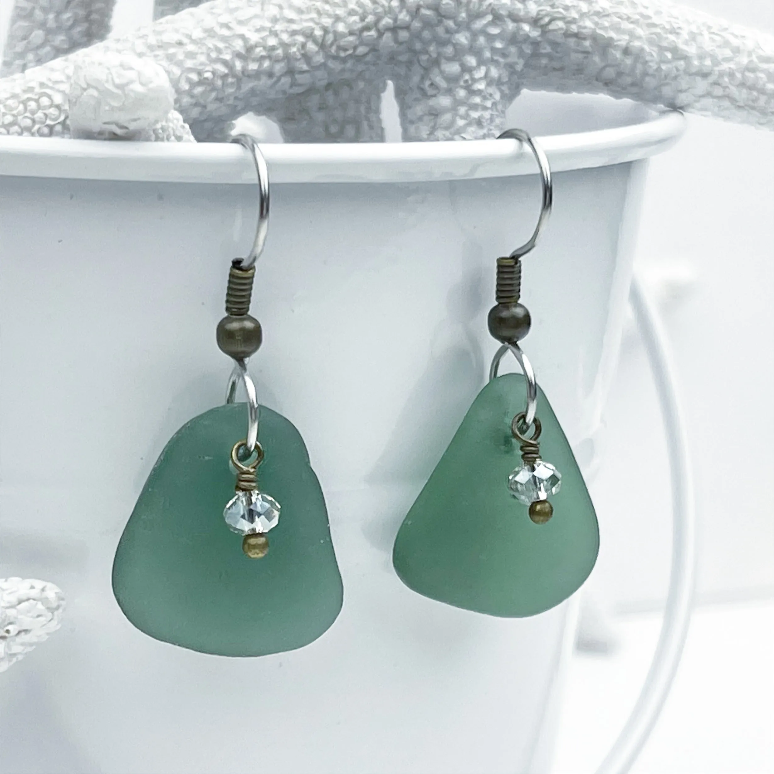 Champagne Green Sea Glass Gumdrop and Swarovski Crystal Earrings | # 5072