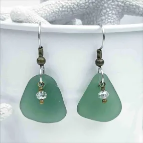 Champagne Green Sea Glass Gumdrop and Swarovski Crystal Earrings | # 5072