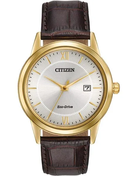 Citizen Mens Eco-Drive Strap Watch - Gold-Tone Case - Cream Dial - Brown Strap