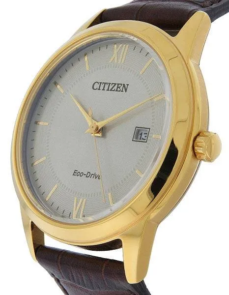 Citizen Mens Eco-Drive Strap Watch - Gold-Tone Case - Cream Dial - Brown Strap