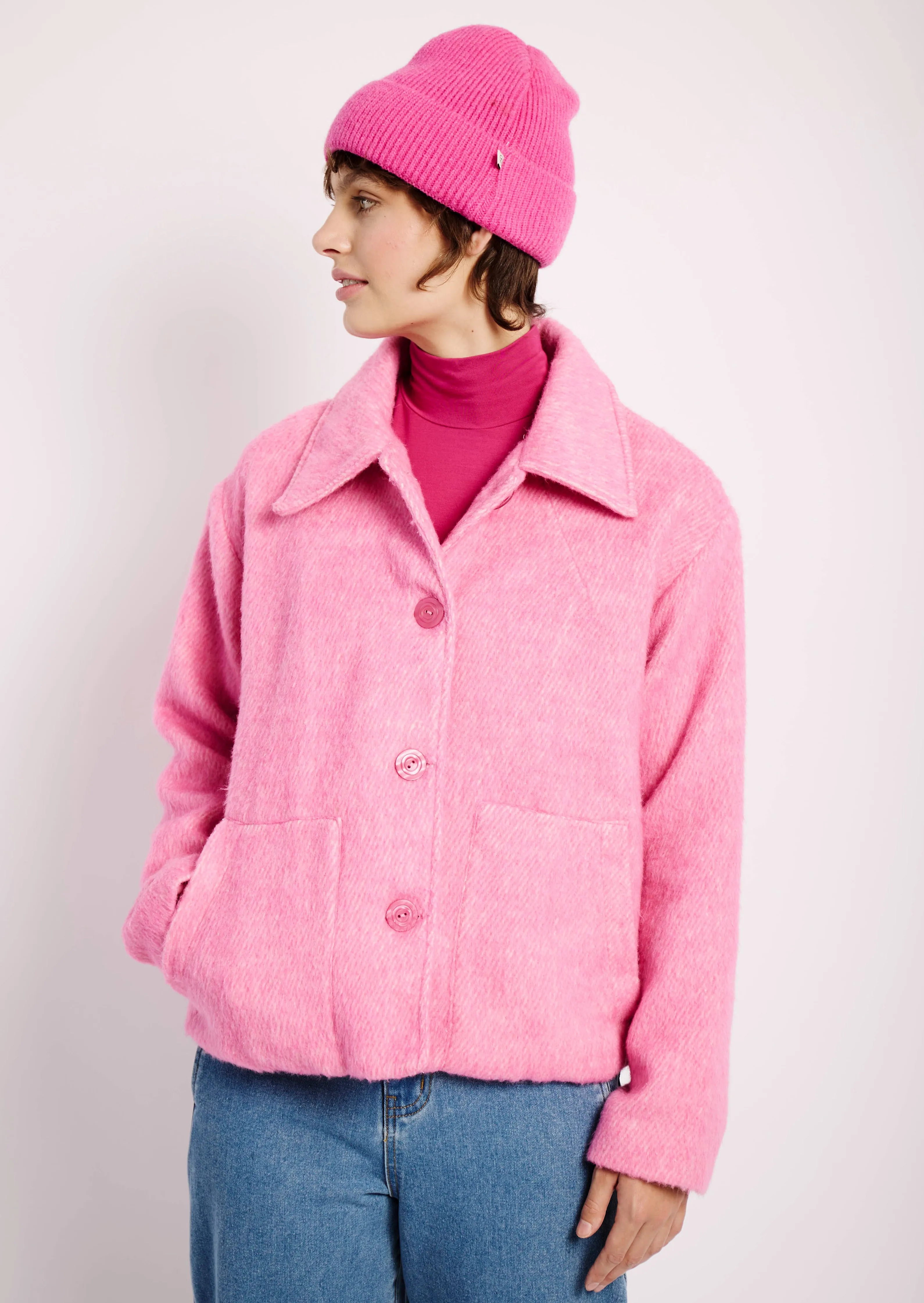 Cropped Melton Jacket in Barbie Pink