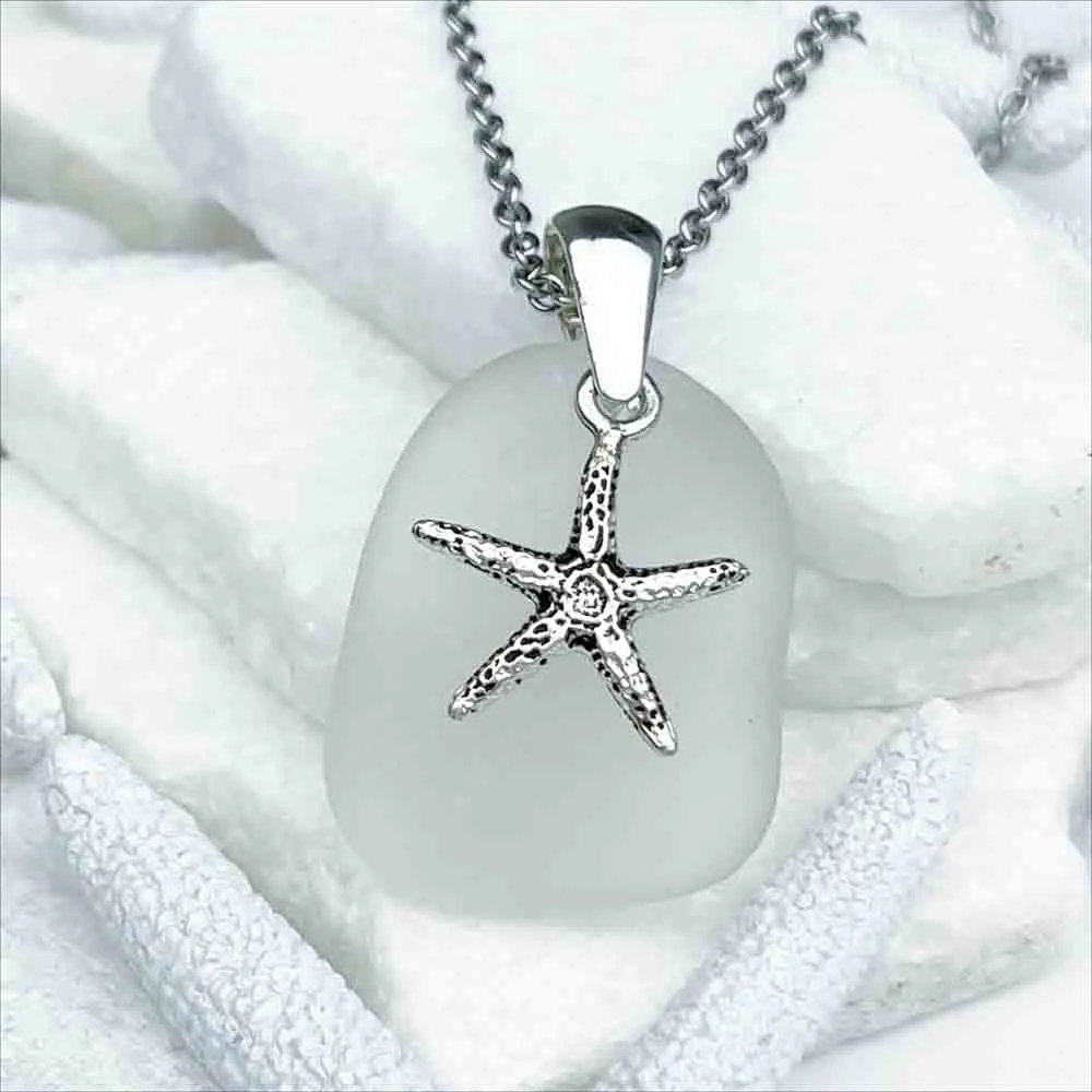 Crystal Clear Bottle Bottom Sea Glass Pendant with Starfish Charm | #5201