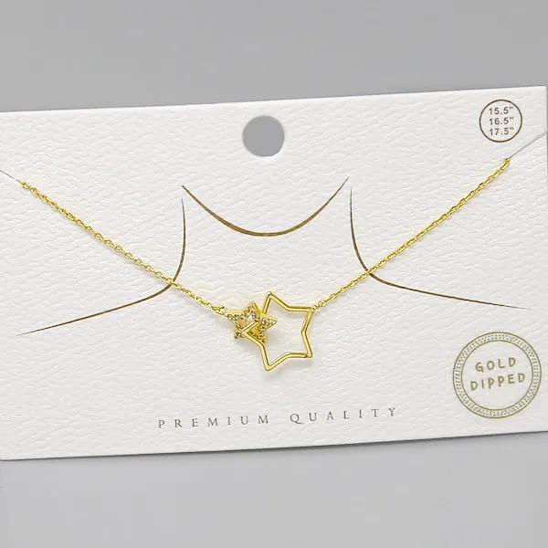 CZ Pave Interlocked Star Pendant Gold Dipped Short Necklace