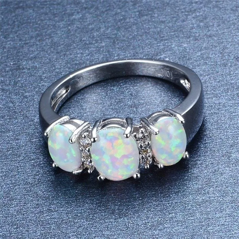 Fire Opal Ring White Gold Filled Crystal Ring