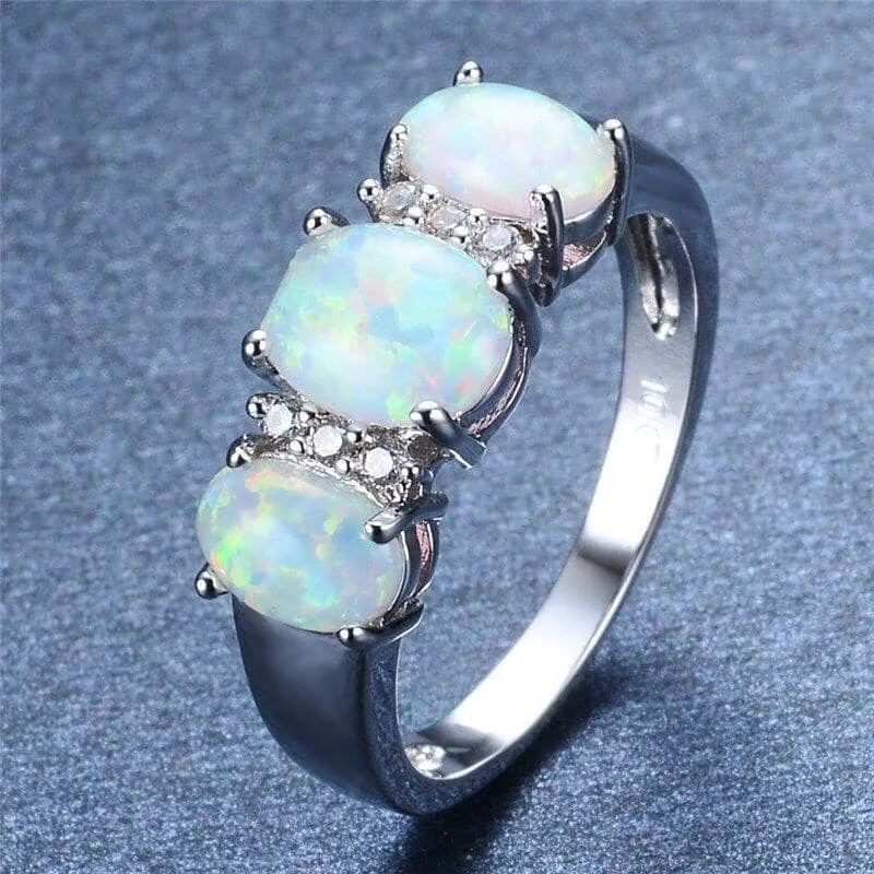 Fire Opal Ring White Gold Filled Crystal Ring