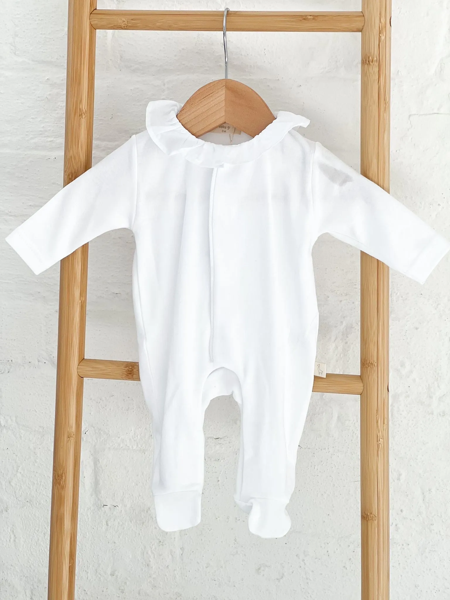 Girls BabyGi White Cotton Angel Wing Frill Collar Baby Grow