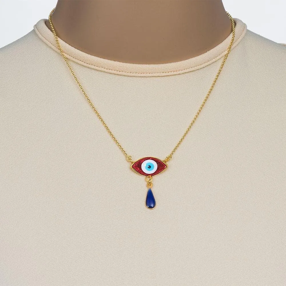 Handmade Short Necklace With Gold Plated Silver Orange Turquoise Enamel Evil Eye with Gemstones