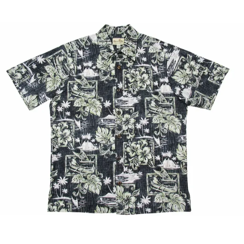 Hawaiian Kayak & Hibiscus Reverse Cotton Aloha Shirt | Black, Blue