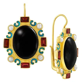 House Of Lancaster Onyx, Pearl and Garnet Earrings