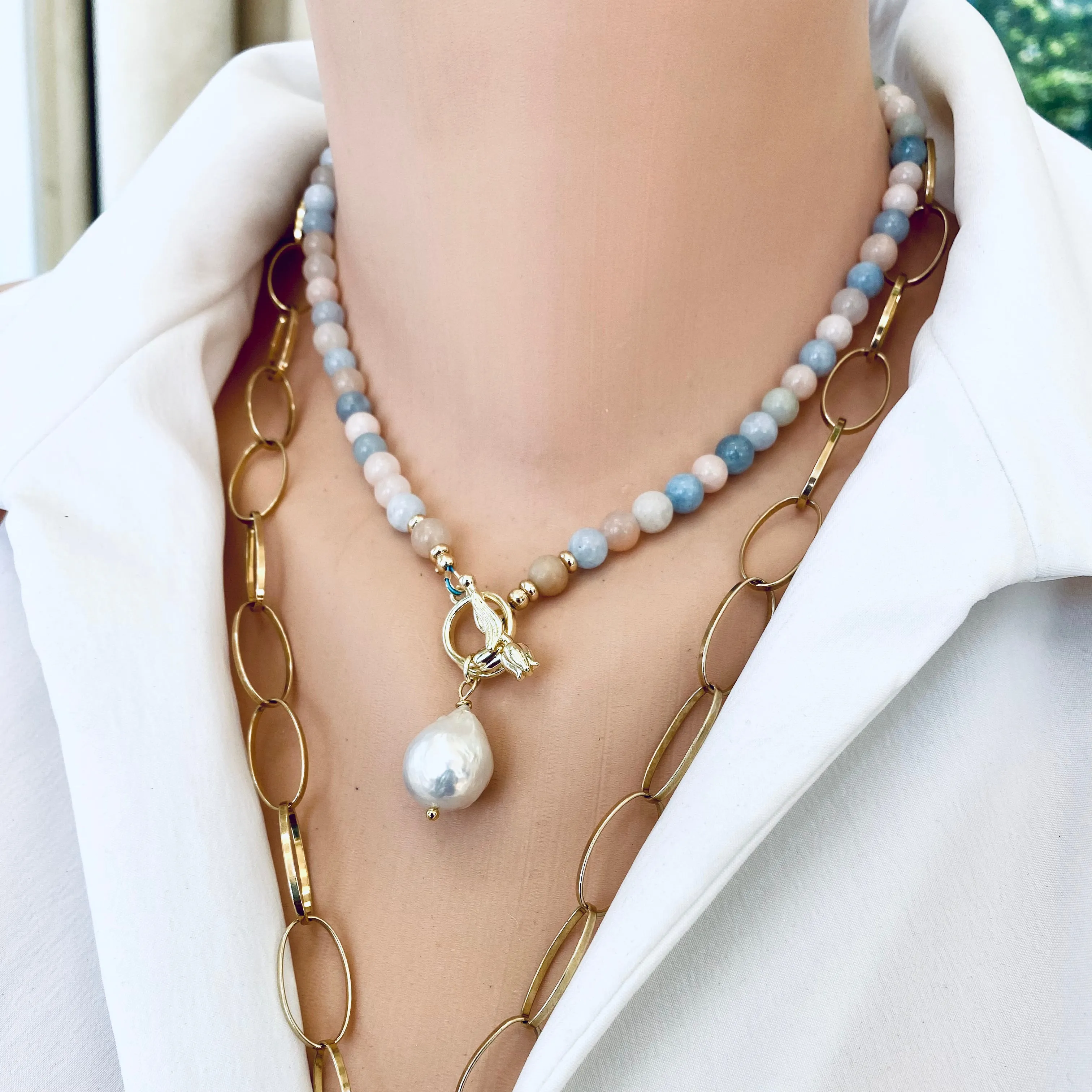 Morganite & Aquamarine Toggle Necklace w Freshwater Baroque Pearl, Gold Plated, 17' in