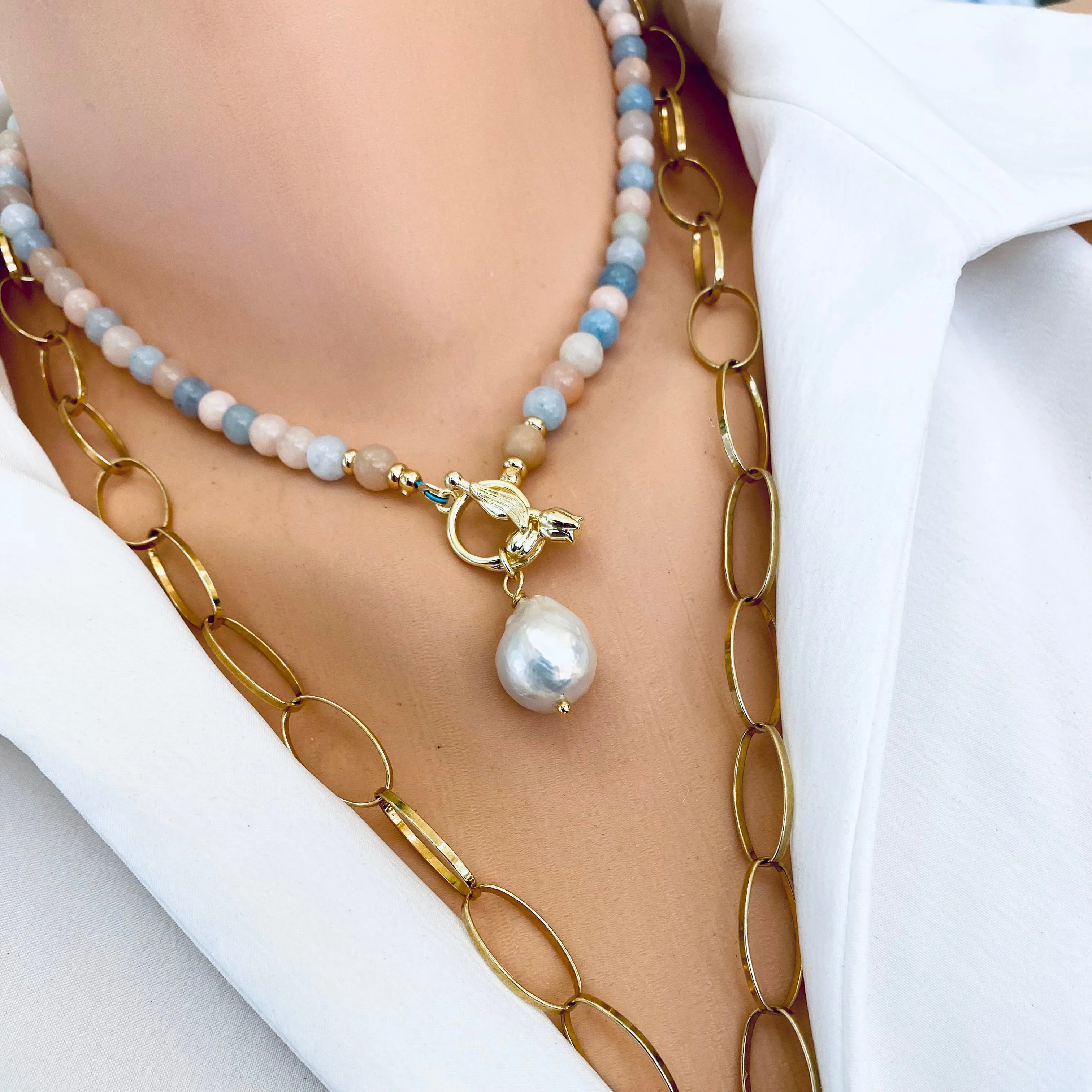 Morganite & Aquamarine Toggle Necklace w Freshwater Baroque Pearl, Gold Plated, 17' in