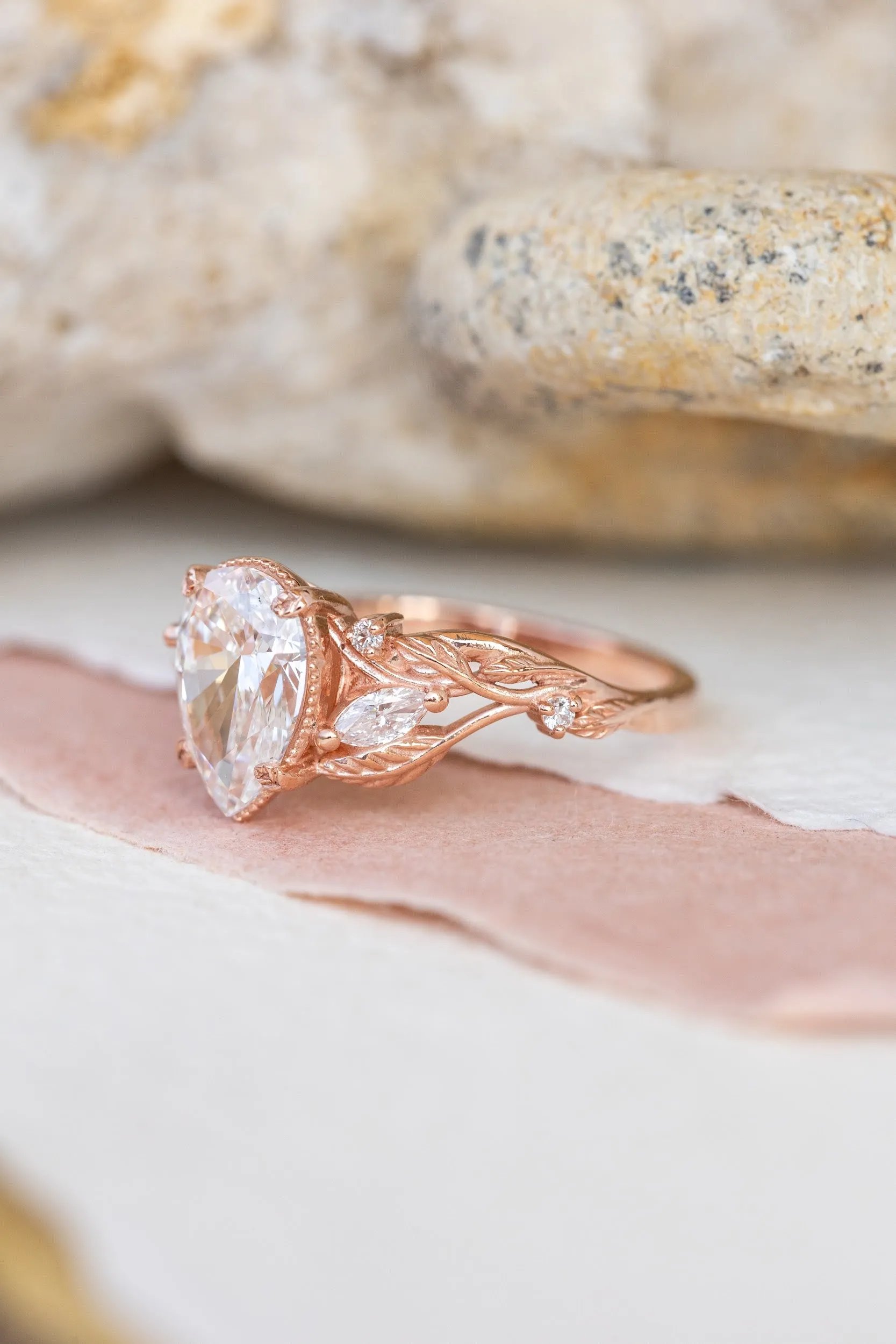 Nature themed bridal ring set with lab grown diamond, ethical diamond engagement ring set / Patricia