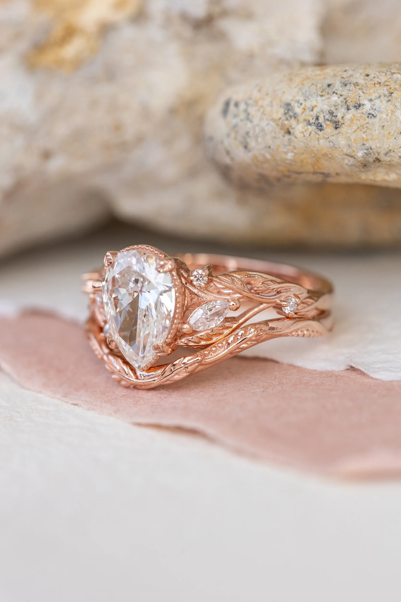 Nature themed bridal ring set with lab grown diamond, ethical diamond engagement ring set / Patricia