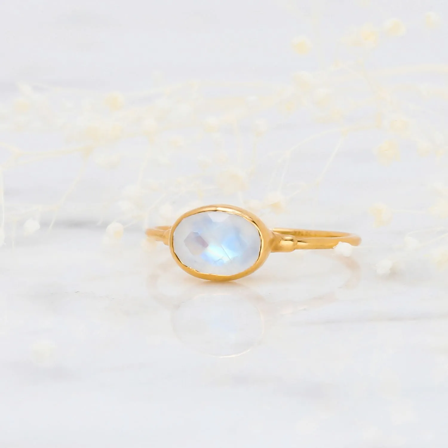 Rainbow Moonstone Ring in Rosecut