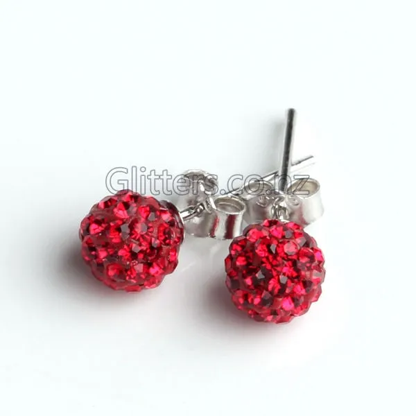 Red Colour Crystal Ferido Disco Ball Stud Earrings