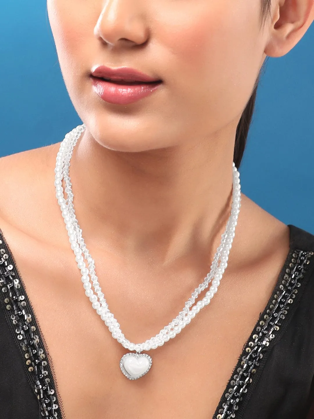 Rubans Voguish Rhodium-Plated Crystal Studded Layered Necklace