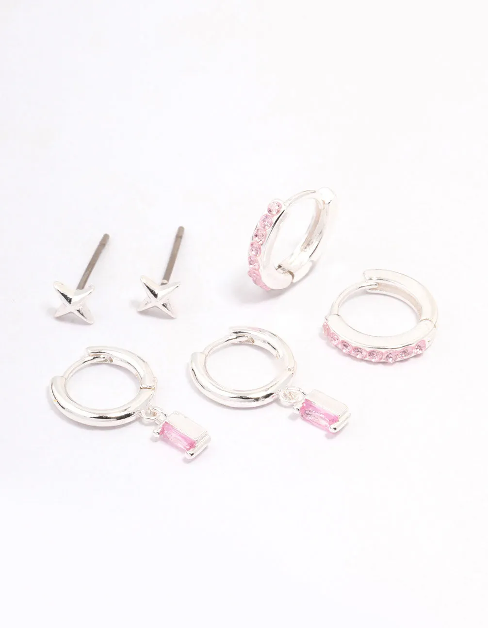 Silver Plated Pink Baguette Earring 3-Pack