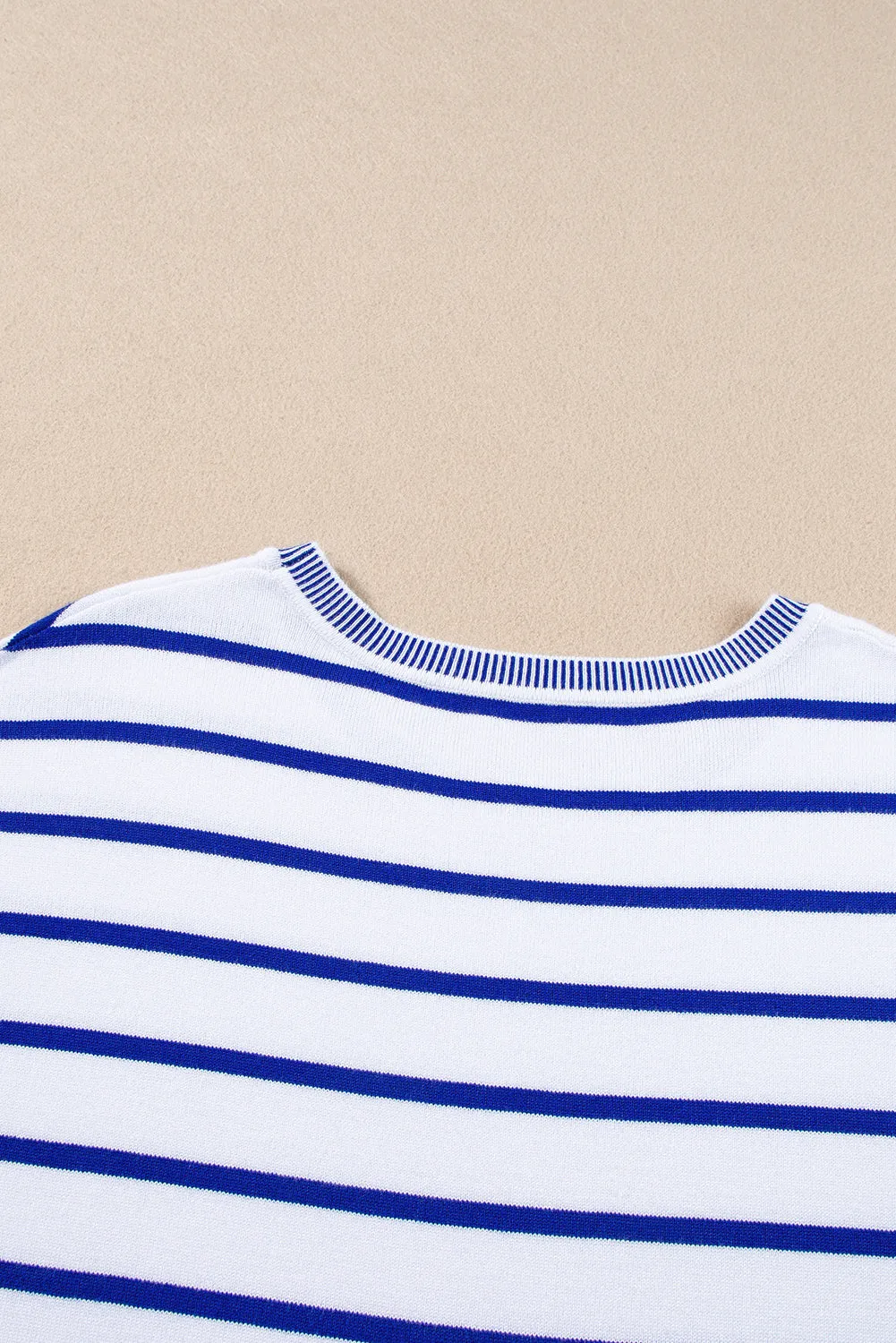 Sky Blue Stripe Knitted Bat Sleeve T Shirt