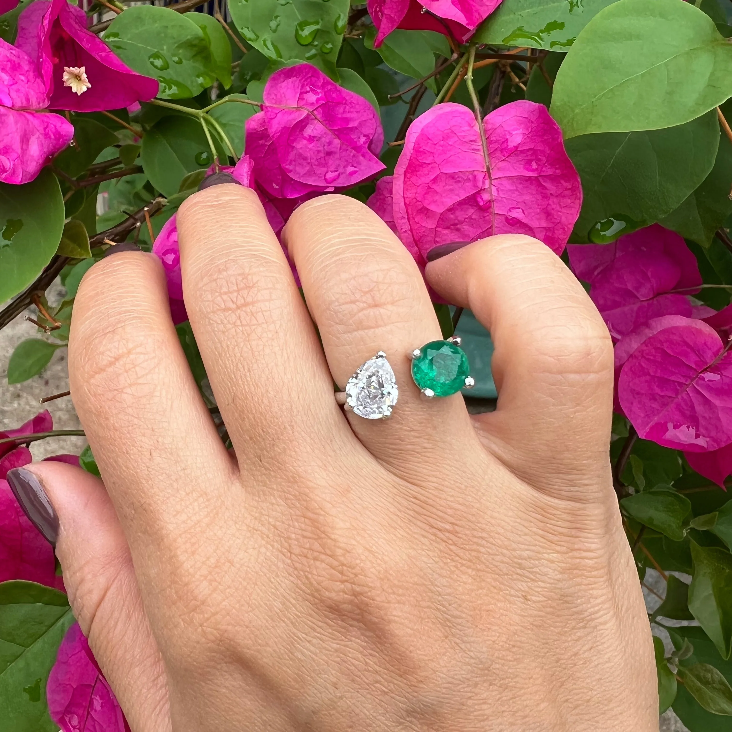 Sterling silver round & pear emerald ring