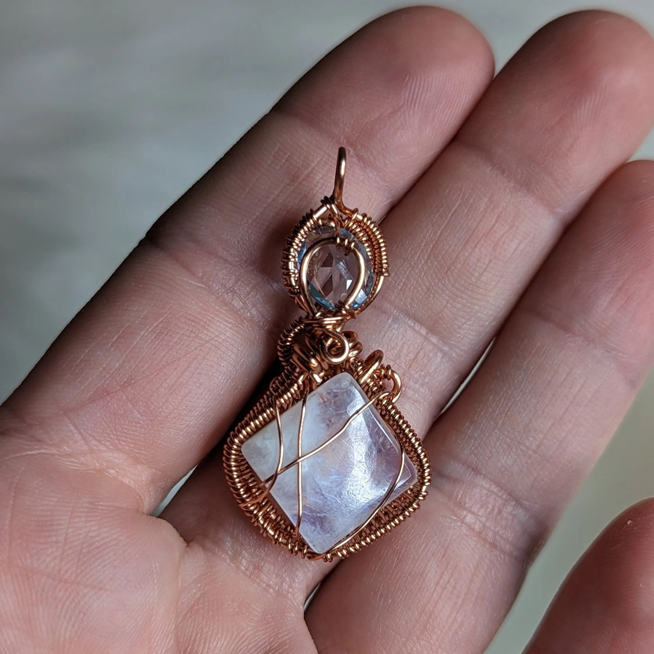 Stunning Copper Wire Wrapped Pendant ~ Moonstone and Blue Topaz