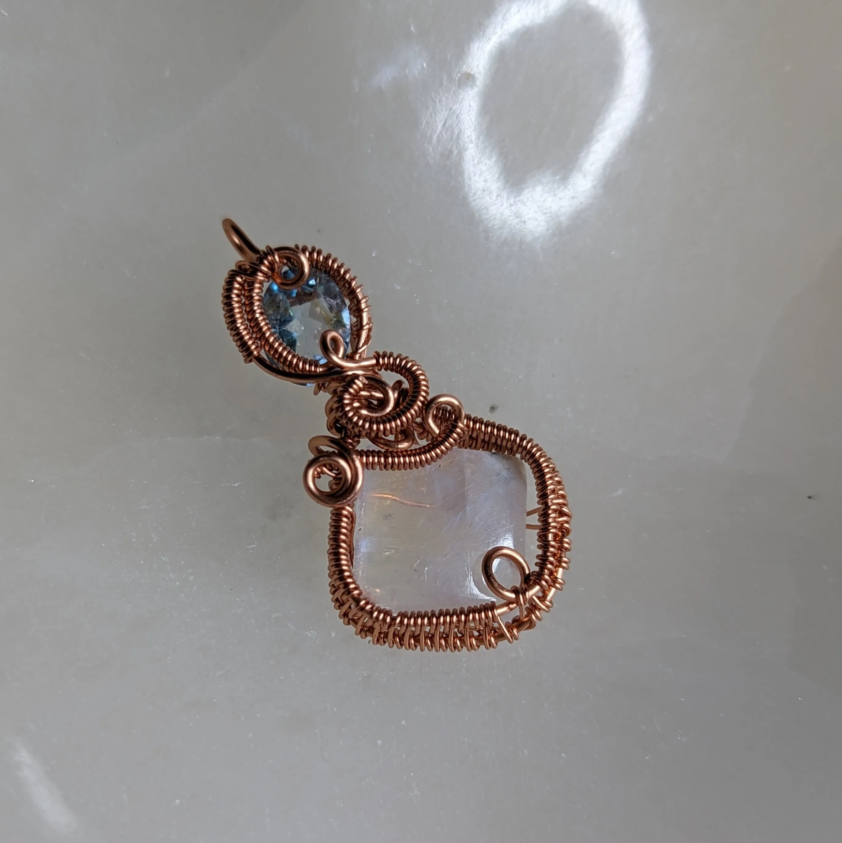 Stunning Copper Wire Wrapped Pendant ~ Moonstone and Blue Topaz