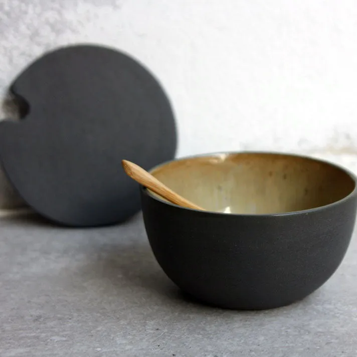 Sugar Bowl w/ lid & spoon, Black w/ crystal glaze