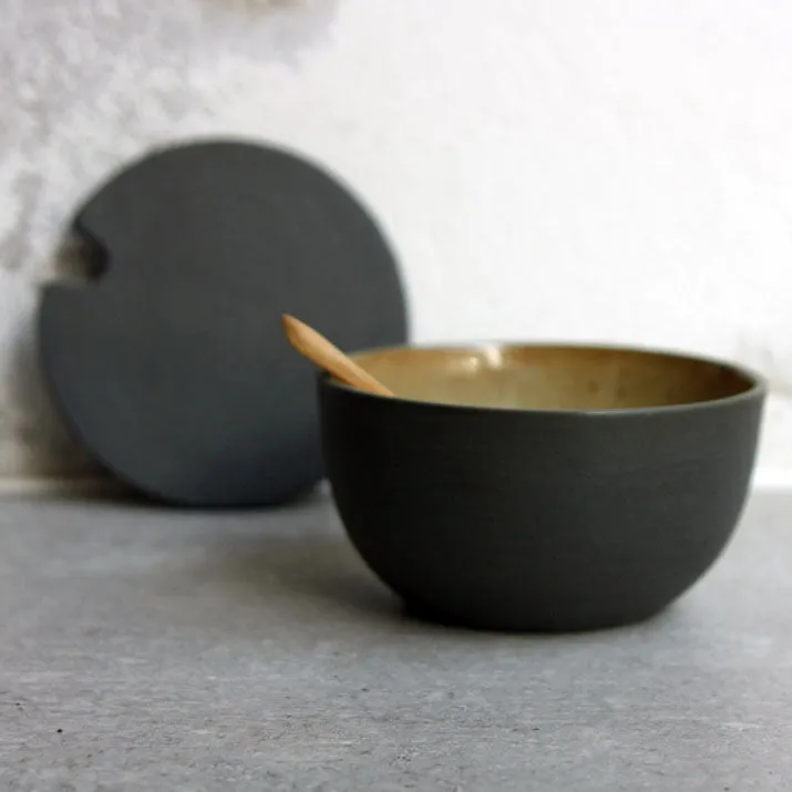 Sugar Bowl w/ lid & spoon, Black w/ crystal glaze