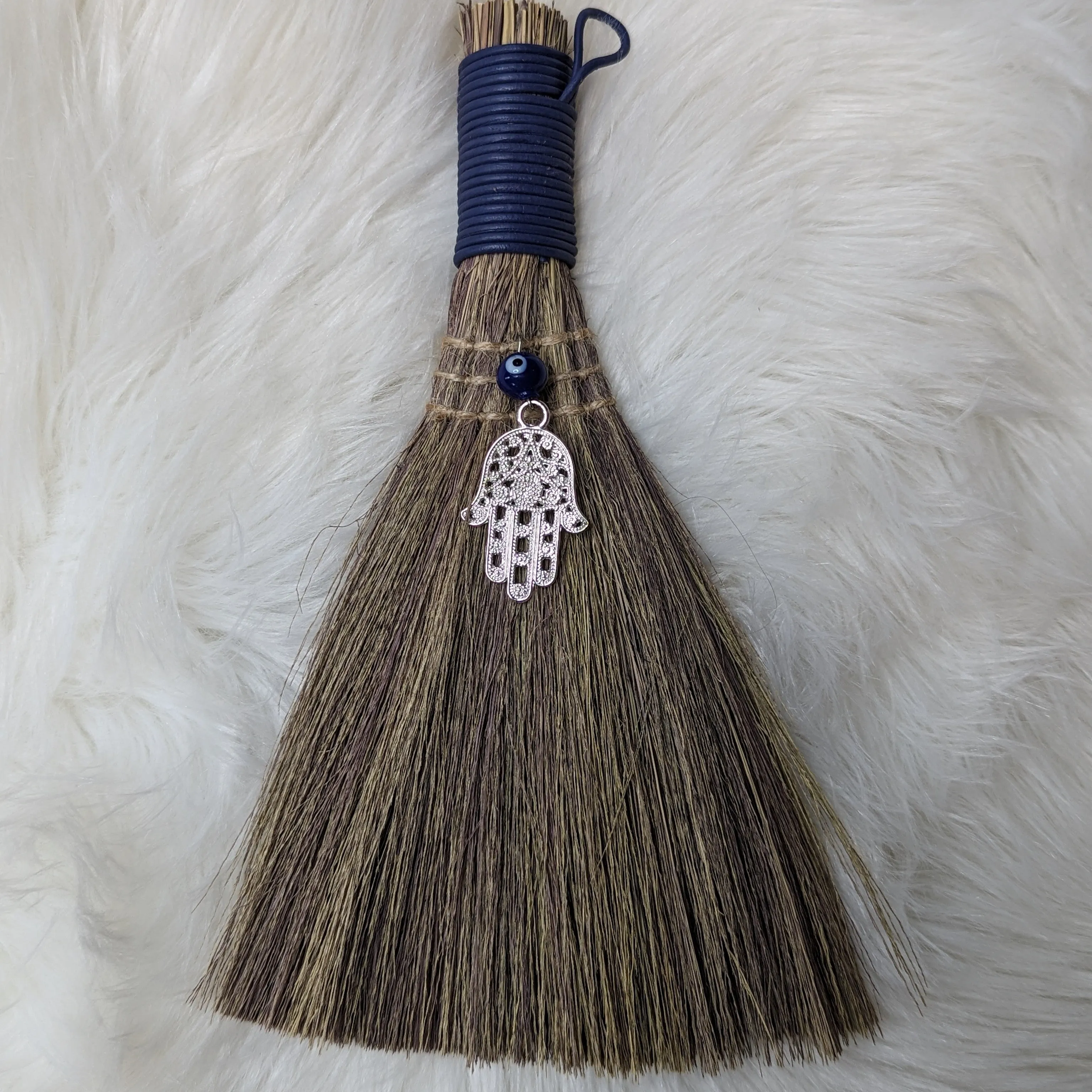 Wicca Broom ~ Evil Eye with Hamsa Charm or Pentacle Charm