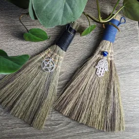 Wicca Broom ~ Evil Eye with Hamsa Charm or Pentacle Charm