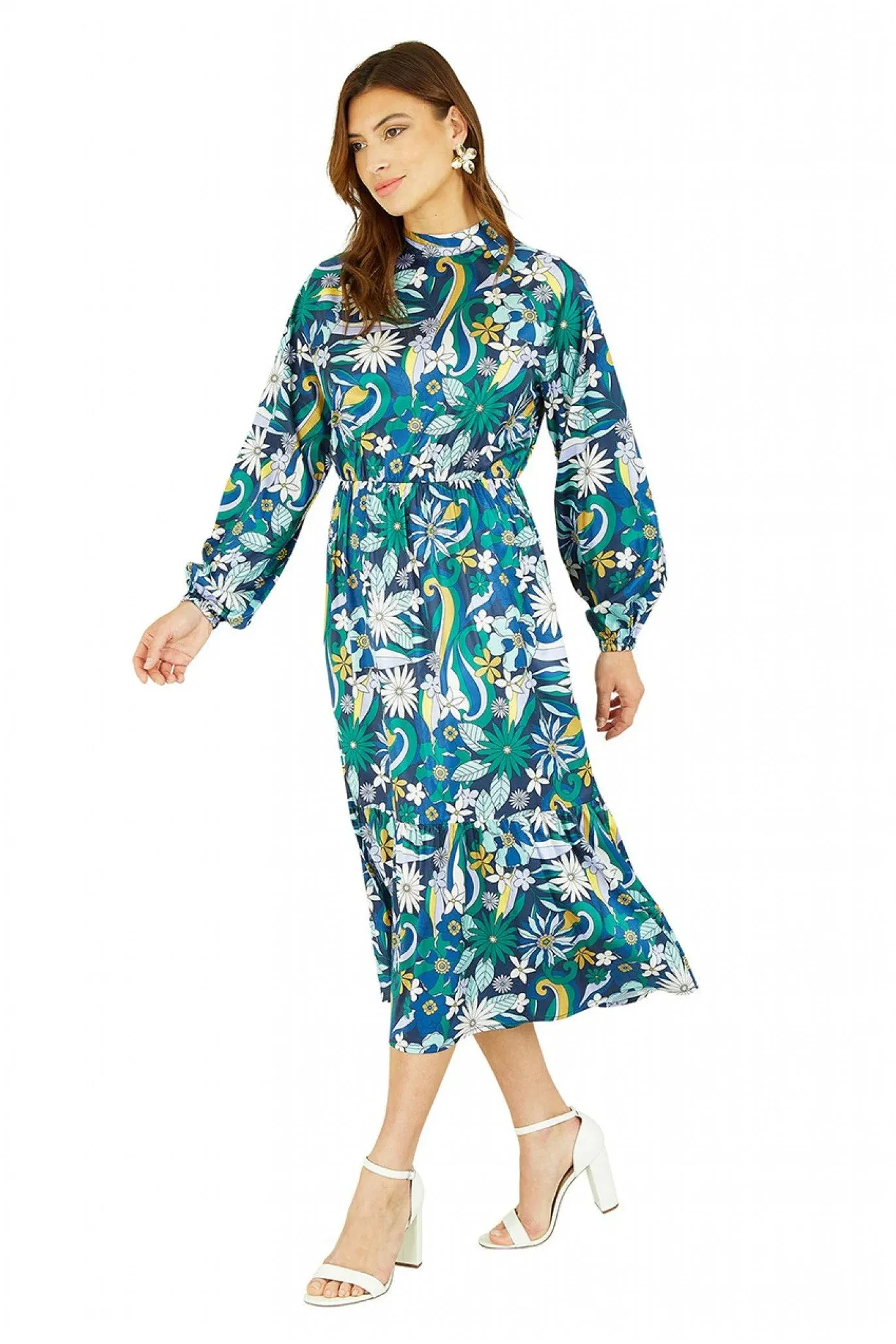 Yumi Seventies Floral Print High Neck Midi Dress